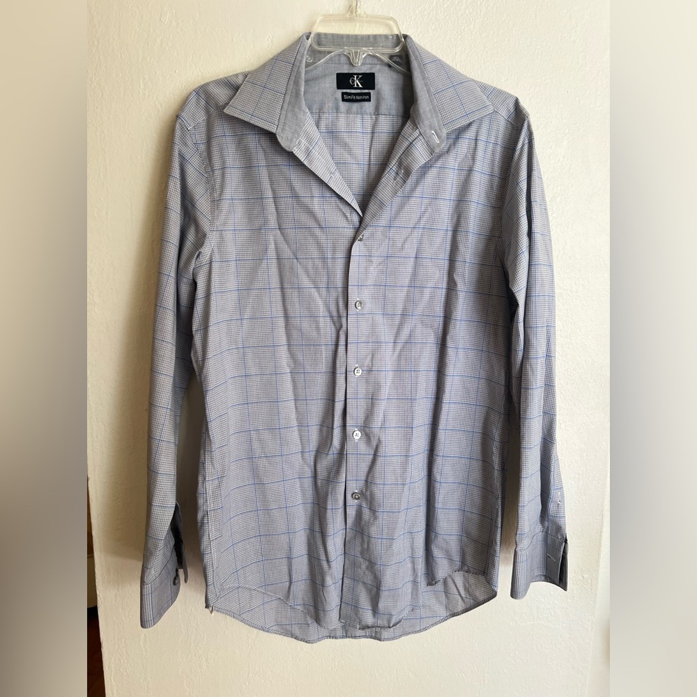 Calvin Klein Men's Gray and Blue Plaid Shirt